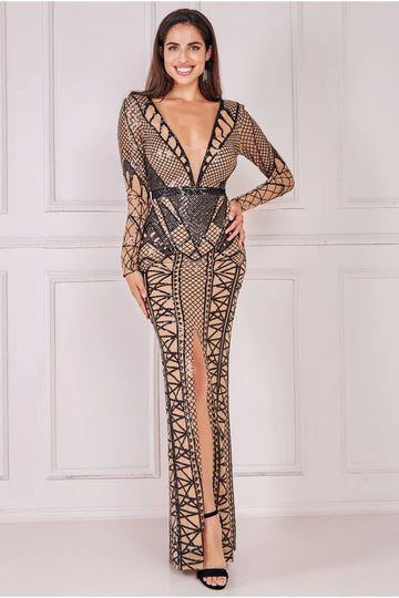 Geometric Sequin Plunge Maxi Dress Goddiva